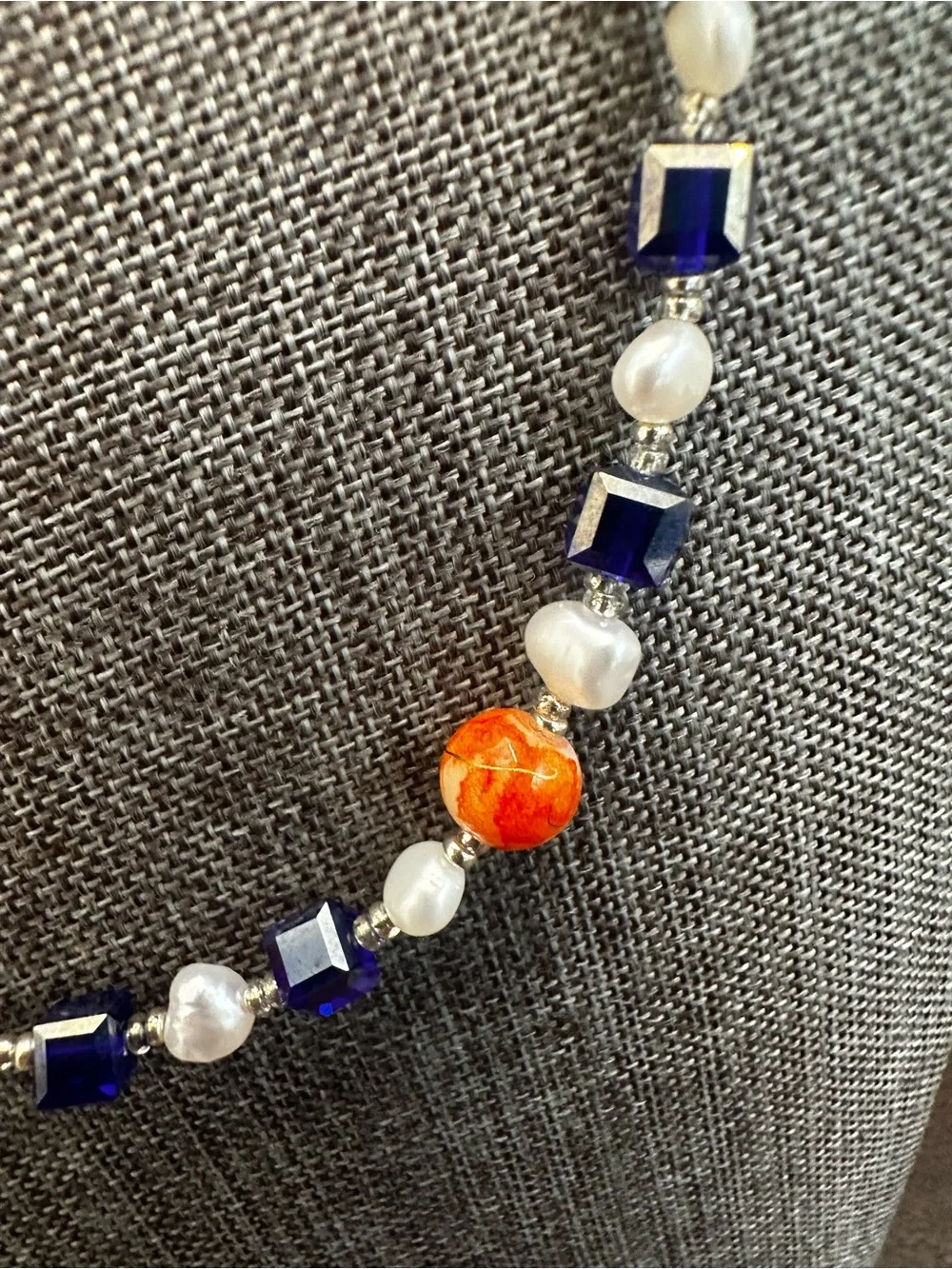Freshwater Pearl Necklace with Orange and Navy Accents